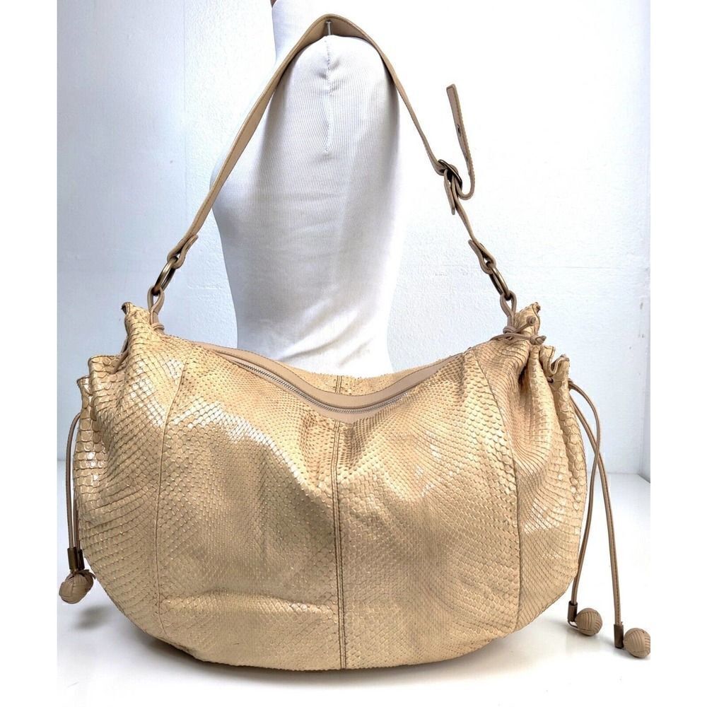 XL Tanner Krolle BEIGE PYTHON SKIN LEATHER BLACK SUEDE LINED SHOULDER BAG HOBO